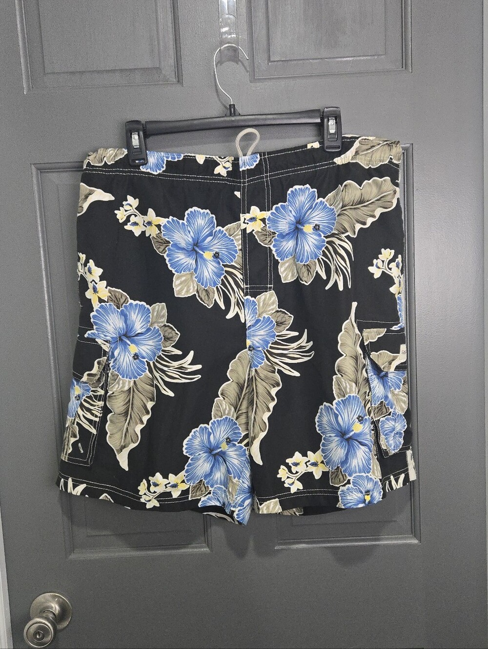 Caribbean Joe Black Shorts with Blue Hibiscus Floral Print